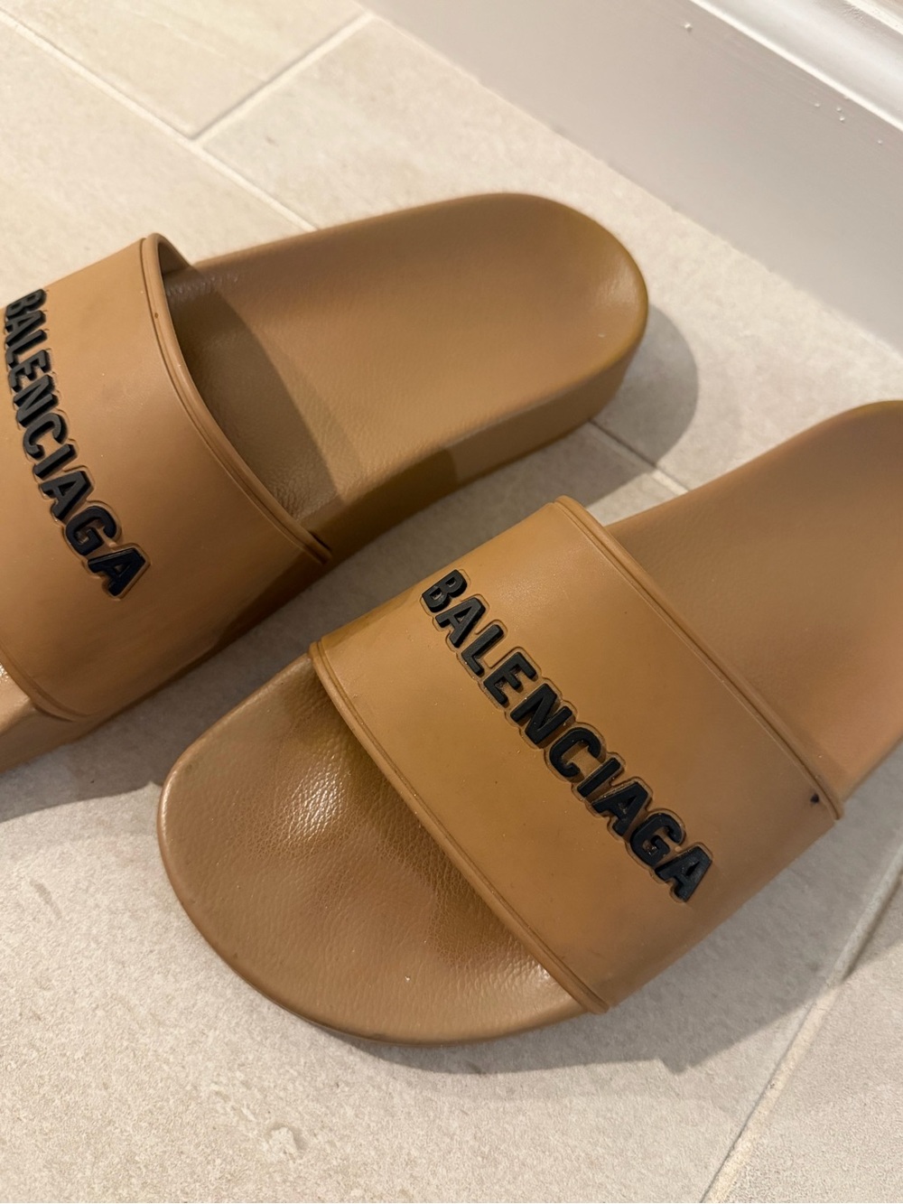 Balenciaga Tan Logo Pool Slide Sandals
